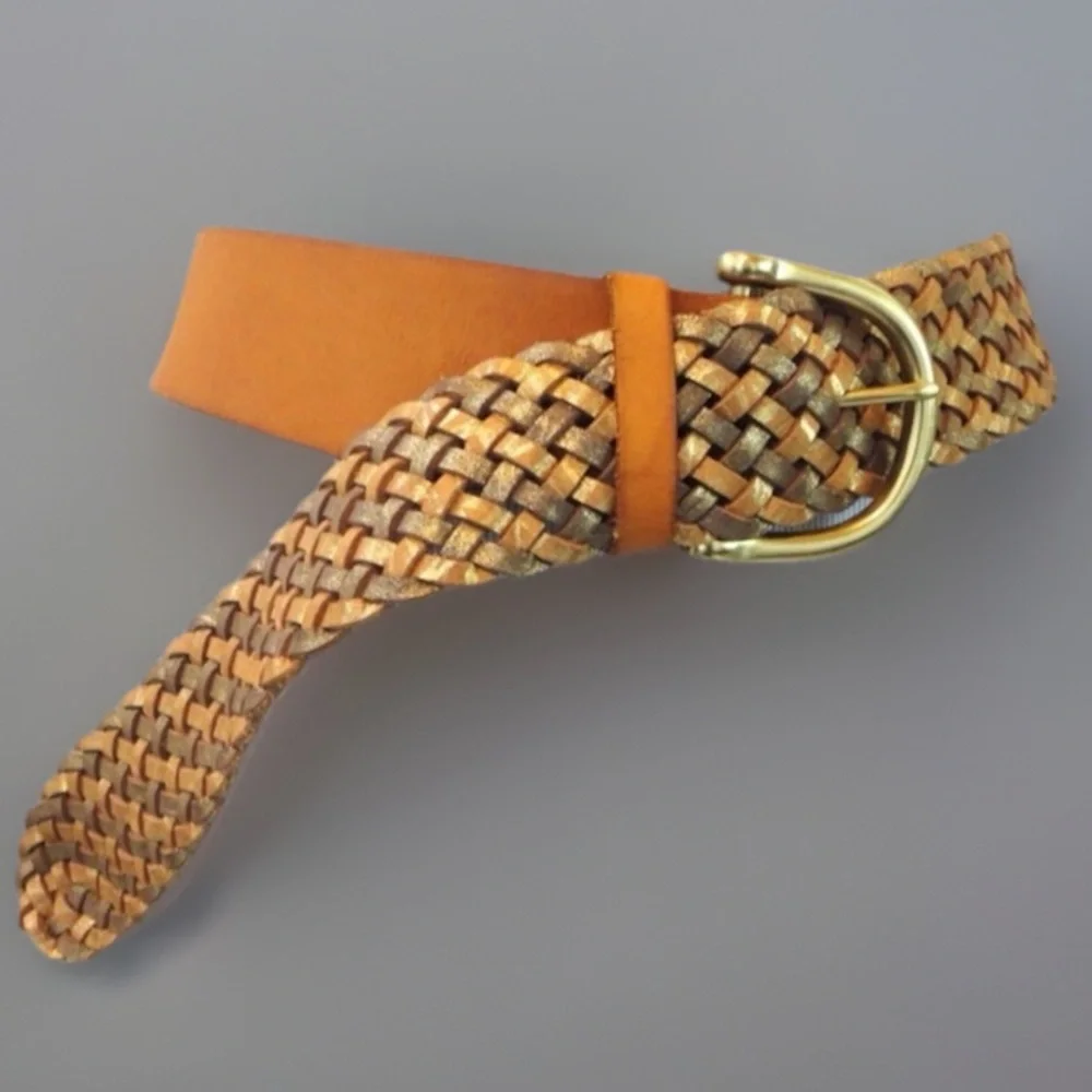 Vintage BOHO BRAIDED Tan Leather Brass Belt M